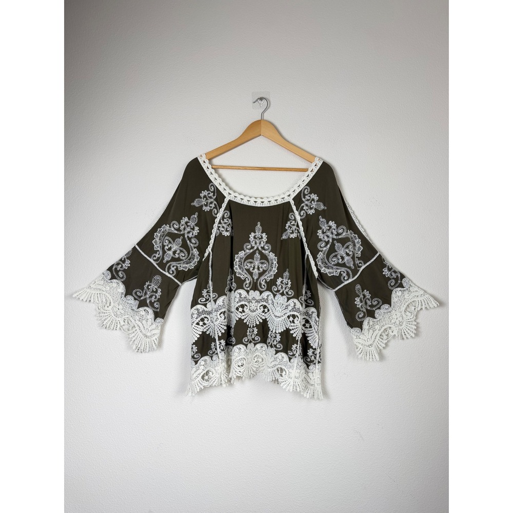Democracy Boho Lace Top M Embroidered Crochet Fairycore Coquette Olive Green